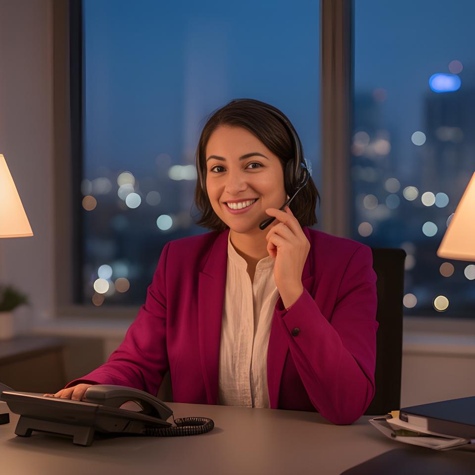 Support team member answering a candidate call in a calm office with city light in the background