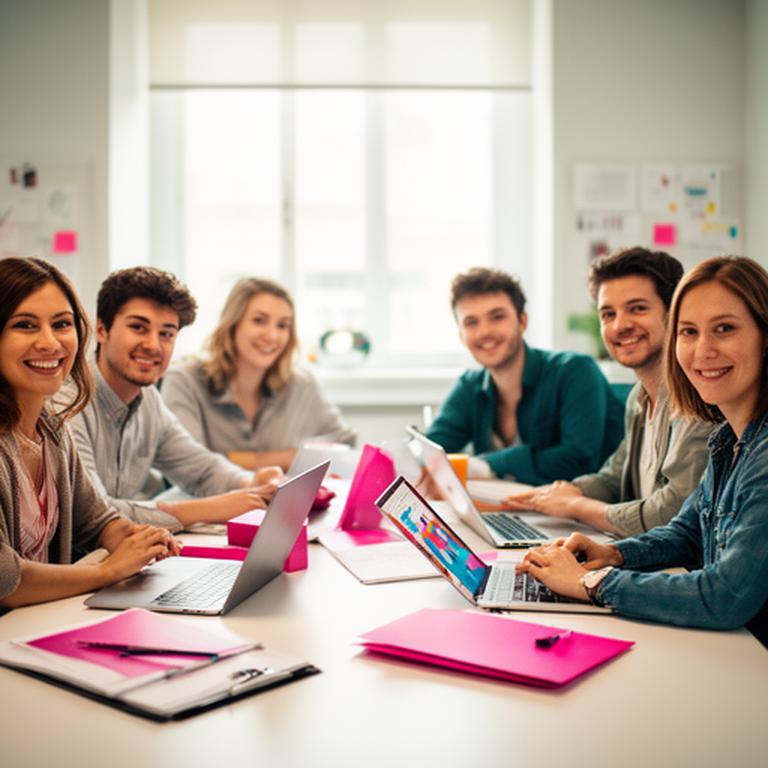 Young professionals in an onboarding session around a bright meeting table with laptops and notebooks