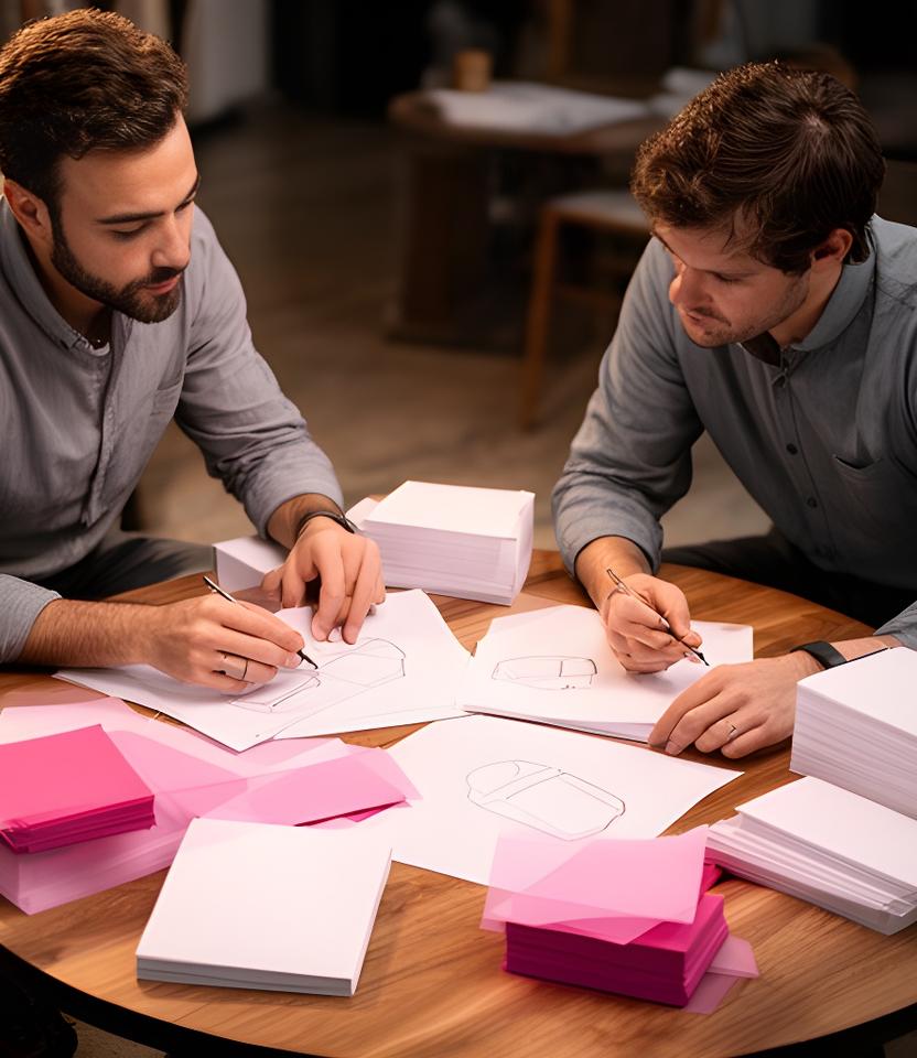 Two founders reviewing product sketches and hiring notes around a coffee table
