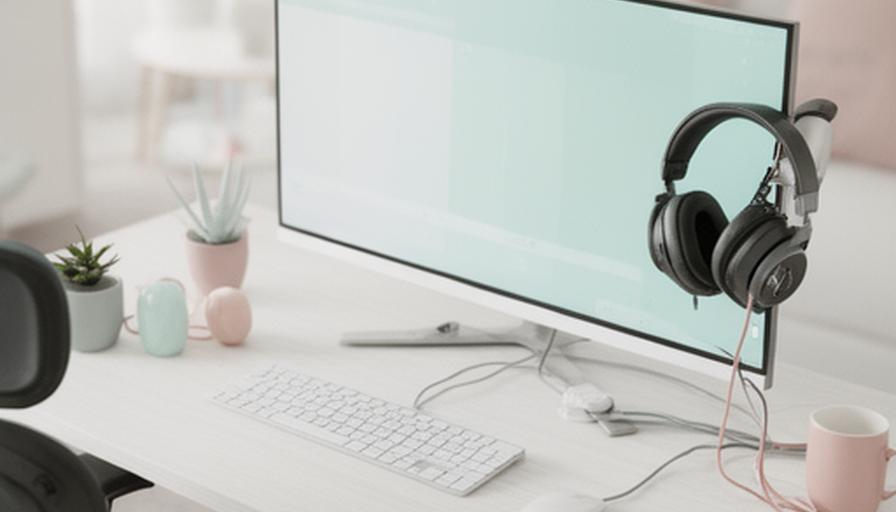 A tidy home office desk with a monitor, ergonomic chair, headphones, and cable management