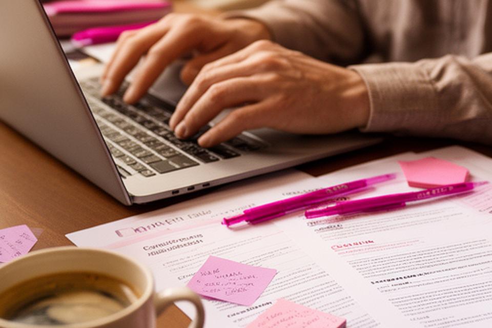Career changer updating a resume at a desk with printed skills notes and a coffee cup