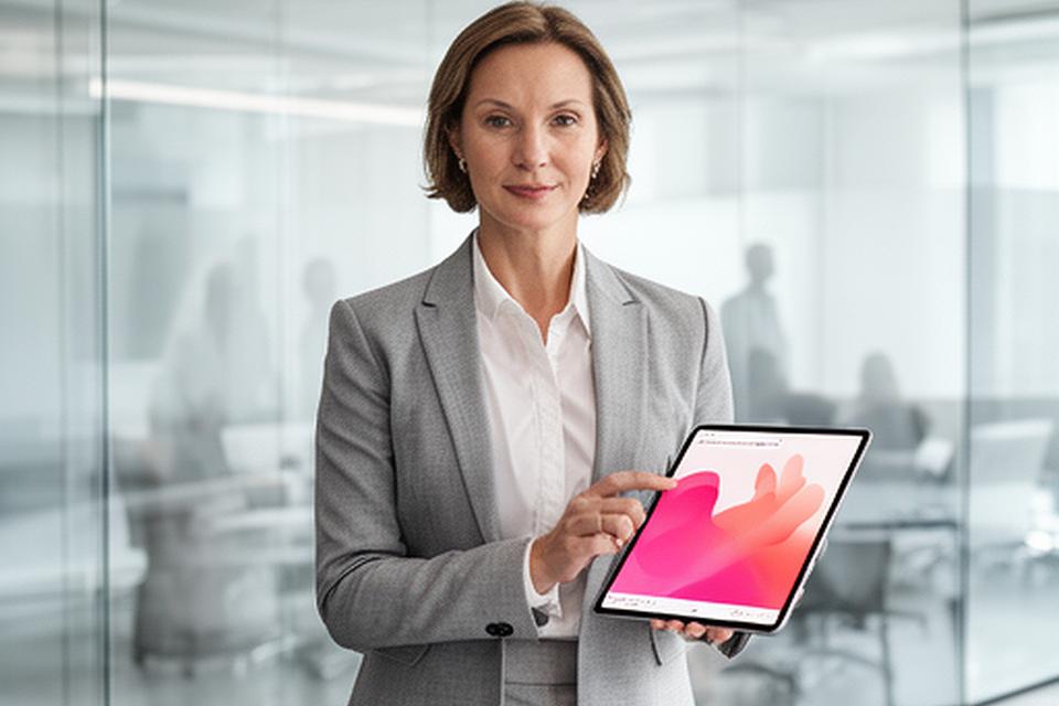 Experienced professional in a glass-walled meeting room reviewing a leadership opportunity on a tablet