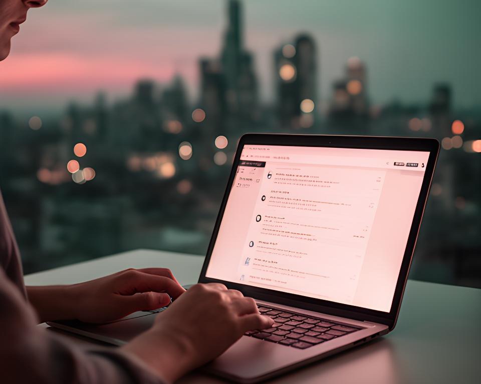 Career seeker reviewing local openings on a laptop beside a city skyline at dusk