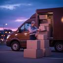 Delivery worker loading parcels beside a brown delivery truck at dusk