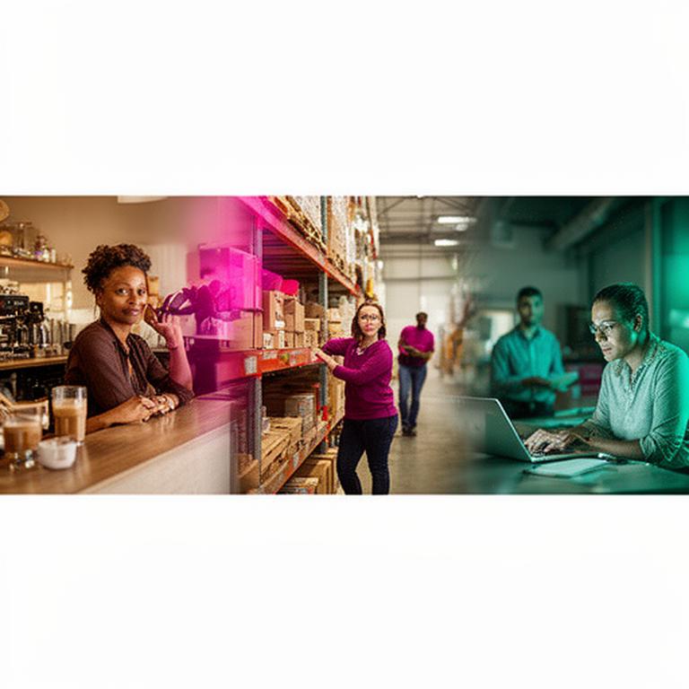 A diverse team in a café, warehouse, and remote workspace showing flexible schedules in action