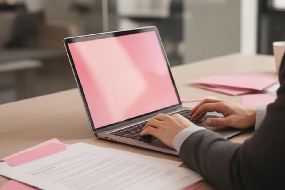 Candidate reviewing a privacy notice on a laptop in a quiet office with job search documents beside it