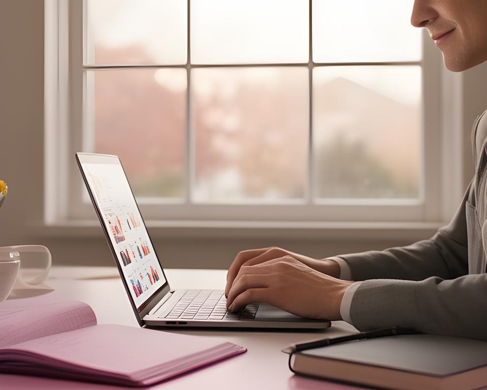 Professional working from a bright home office with a laptop, notebook, and a calm window view