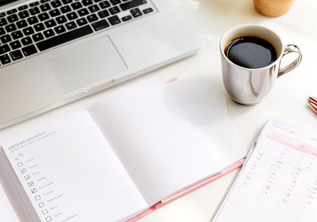 Notebook checklist beside a laptop, coffee mug, and planner on a bright desk