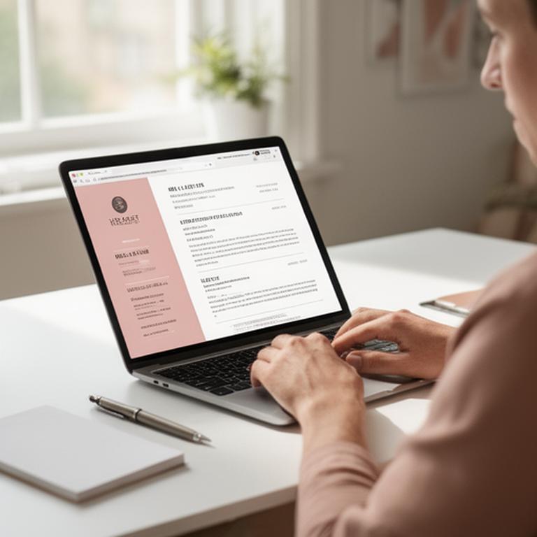 Job seeker reviewing a polished resume layout on a laptop in a bright home workspace