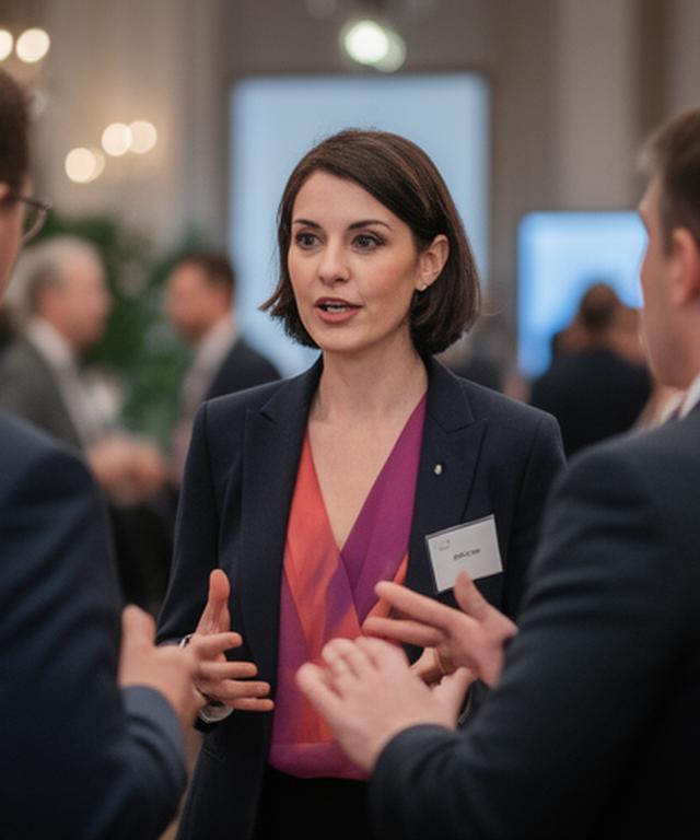 Safiya Khan speaking with partners at a networking event in a professional venue