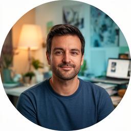 Professional headshot of Alex in a creative home office with a laptop